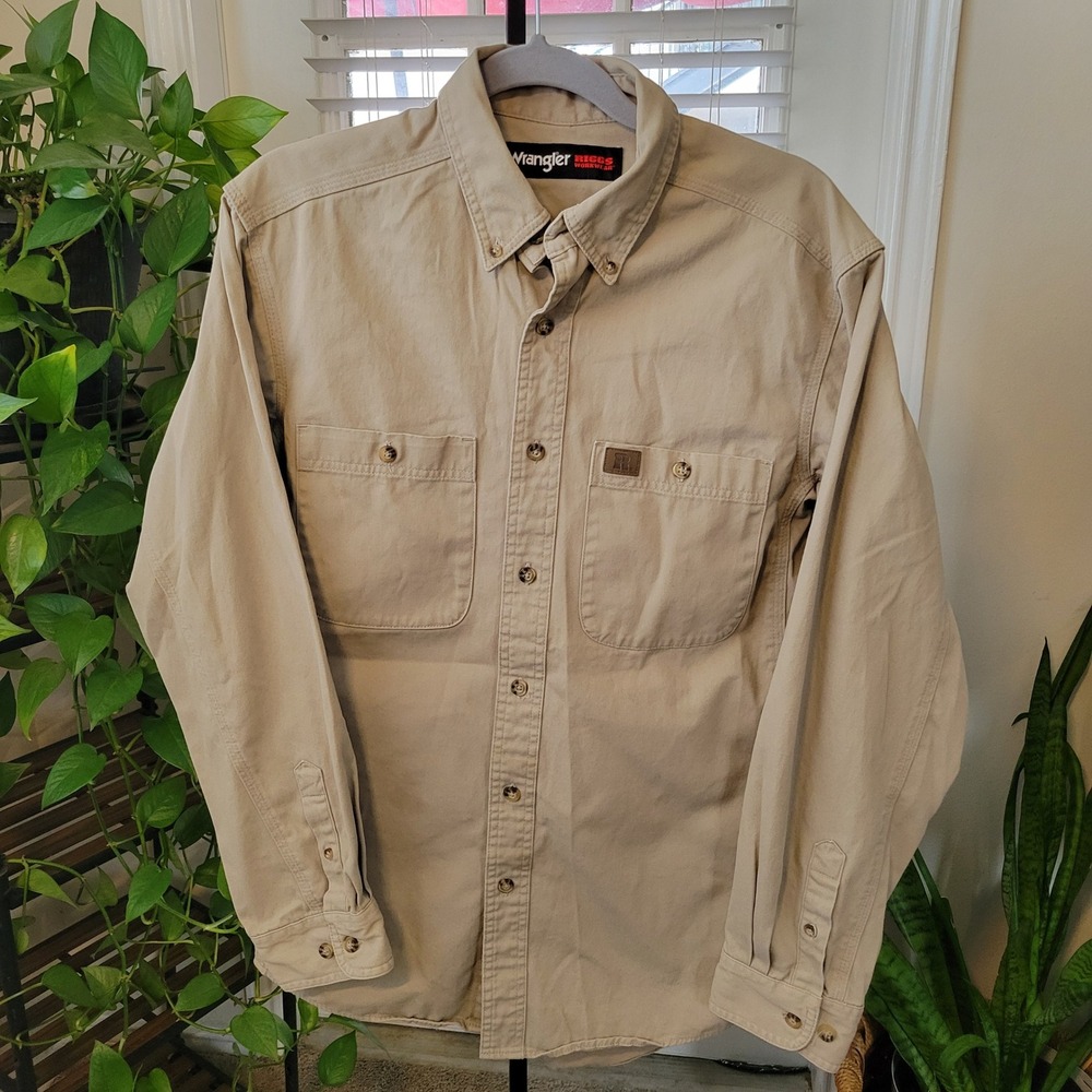 Wrangler Riggs Workwear Mens Tan Khaki Long Sleeve Button Down Shirt Size M